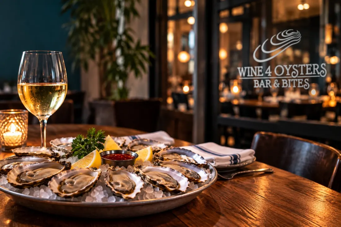 Fresh oysters, wine and a set table at Wine4Oysters